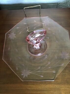 Pink Etched Depression glass sandwich tray with handle